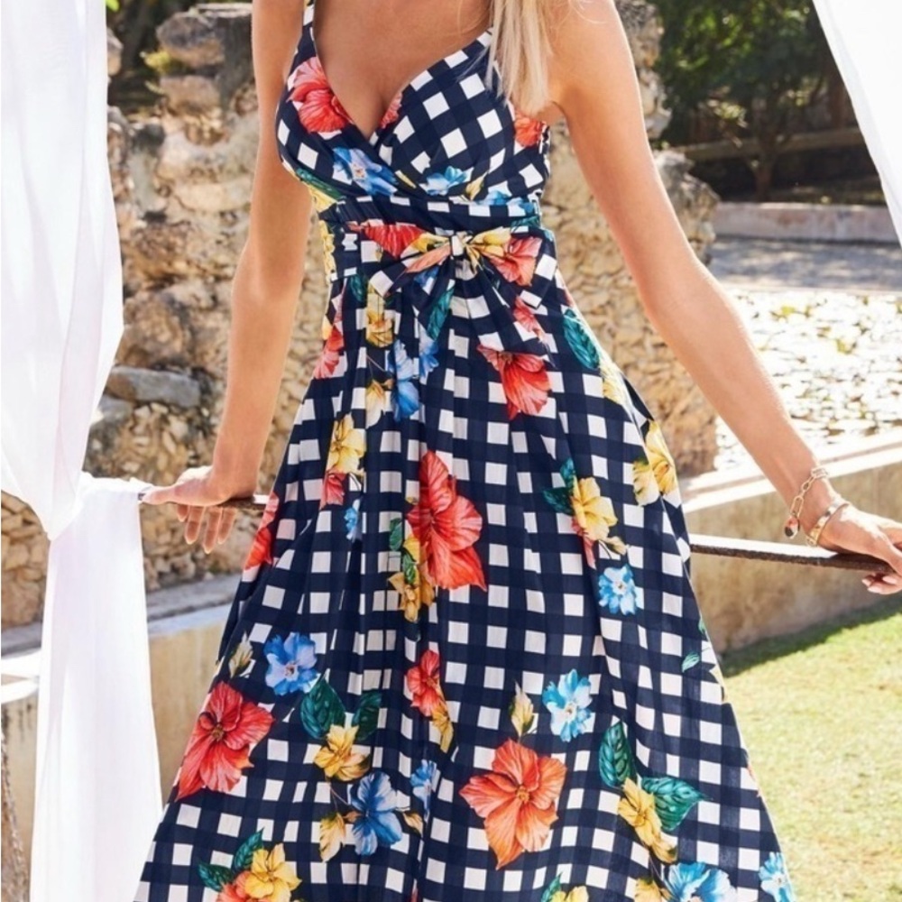 Boston Proper Navy Gingham Floral Midi Dress Sz 12